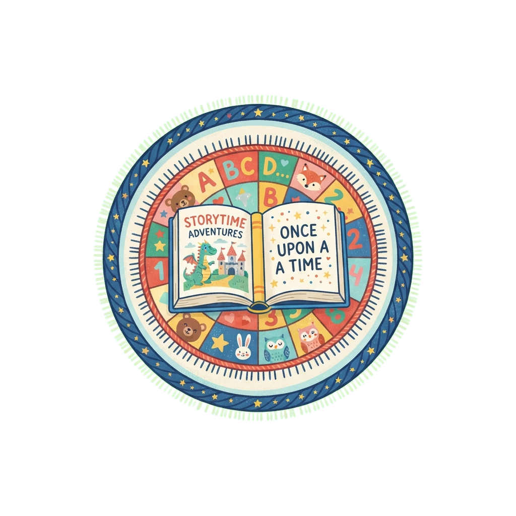 Colorful circular mat featuring an open storybook with characters and alphabet blocks around it