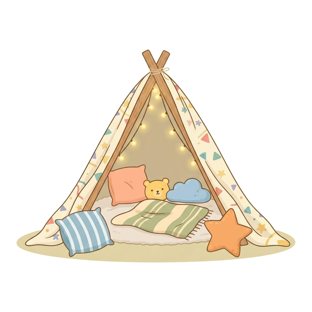 A cute play tent decorated with stars, lights, and a teddy bear resting on a bed with colorful pillows and blankets