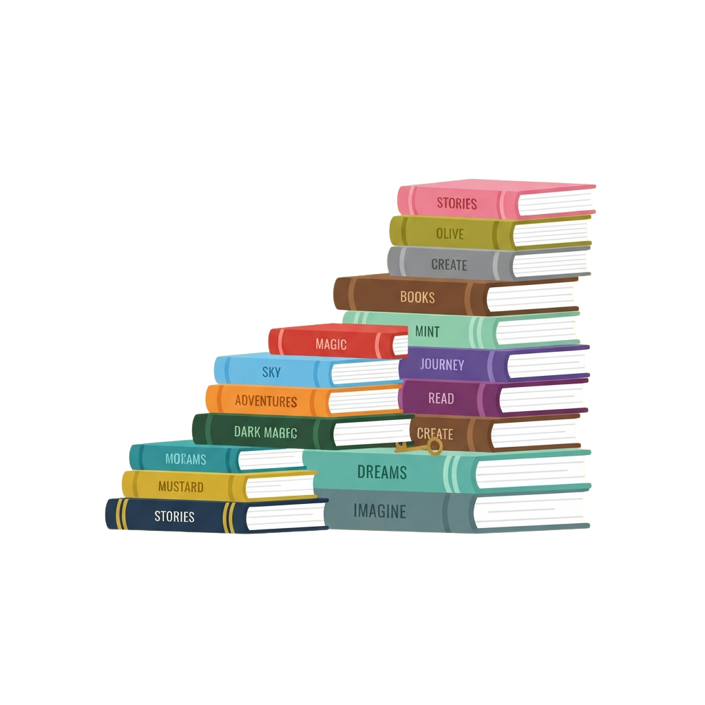 A pyramid of colorful books labeled with words like stories, magic, create, and adventures