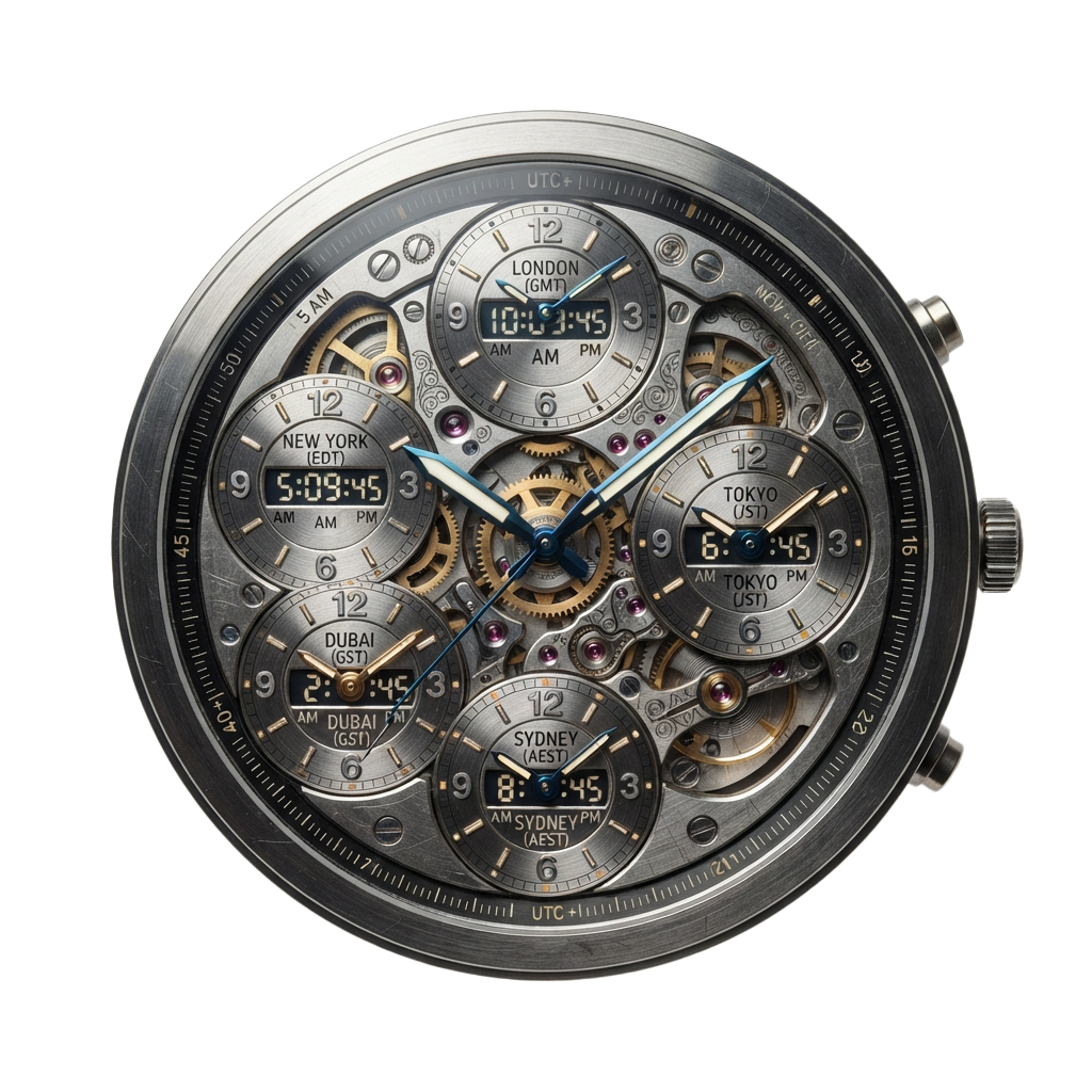 A detailed view of a mechanical watch showing five time zones with a transparent case back revealing intricate inner workings.