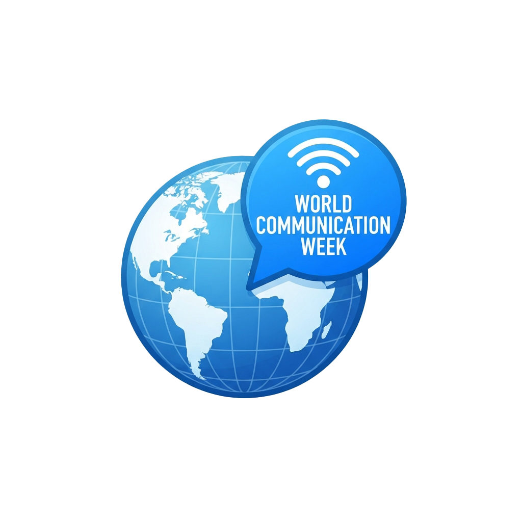 World Communication Week logo featuring a globe with a speech bubble displaying Wi-Fi symbol and text