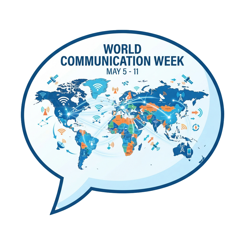 World map inside a speech bubble with communication icons like Wi-Fi signals and satellites, labeled World Communication Week May 5-11