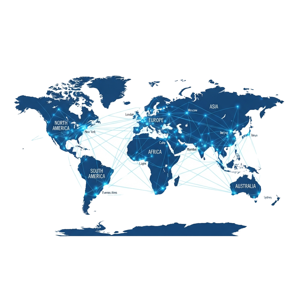World map showing major international flight routes connecting continents with glowing blue lines and key cities marked.