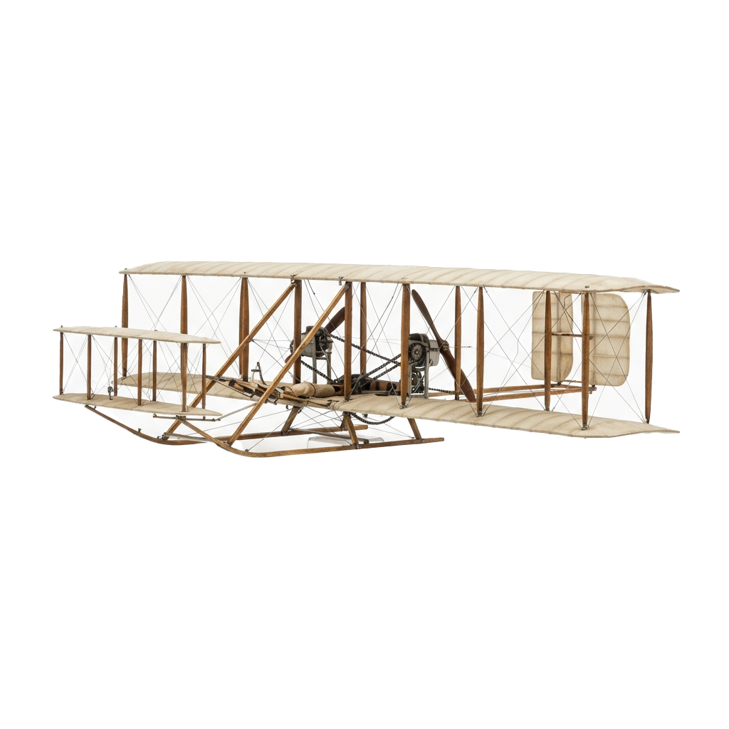 A detailed model of an early biplane with wooden frame and fabric-covered wings
