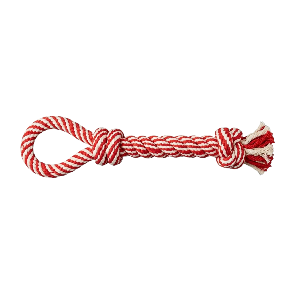 A red and white braided rope toy with two knots at each end for dogs