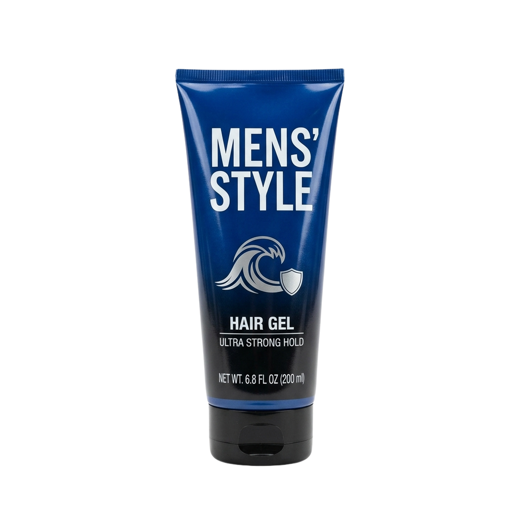 Tube of mens strong hold hair gel with a wave logo and shield emblem.