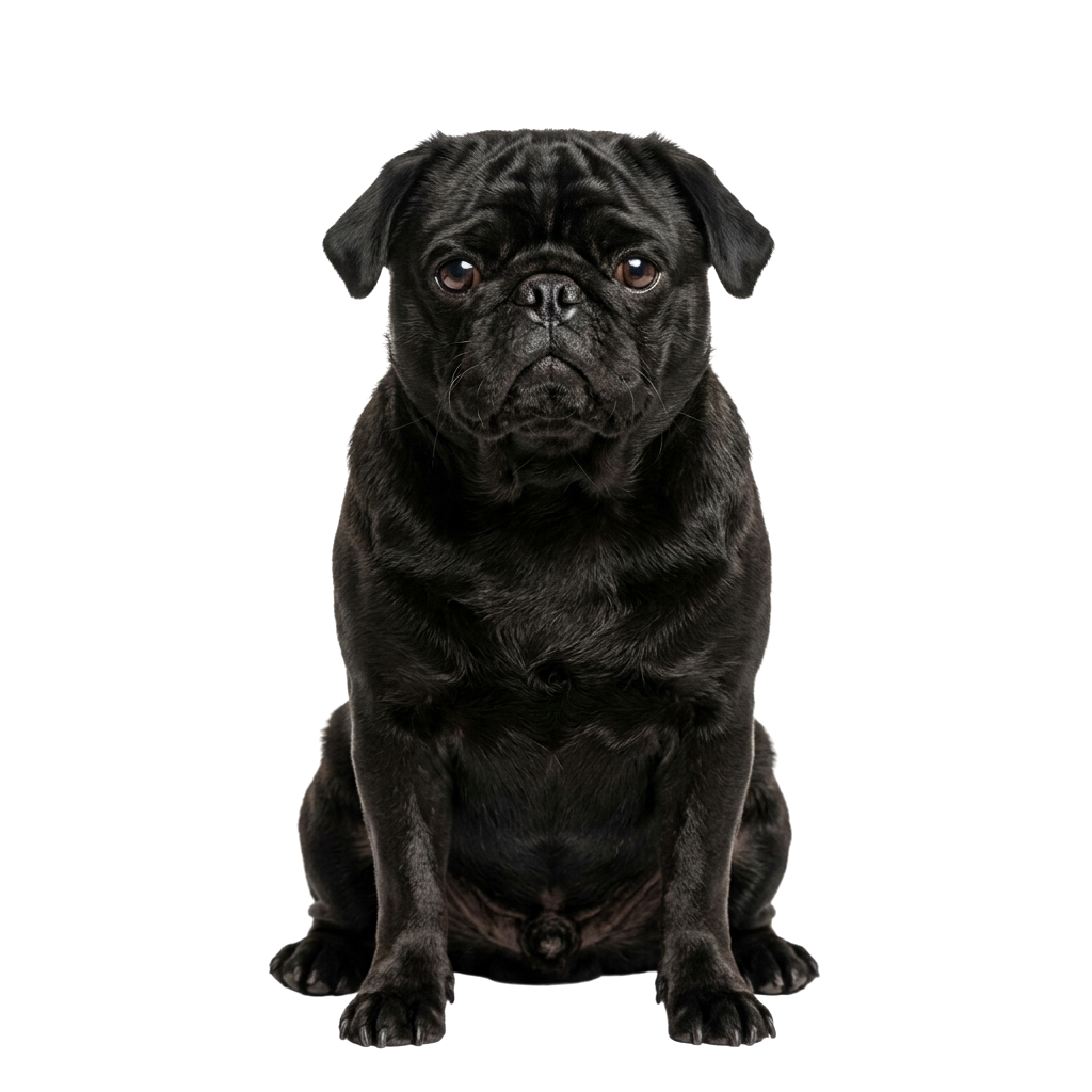 A black pug dog sitting and looking directly at the camera against a dark background