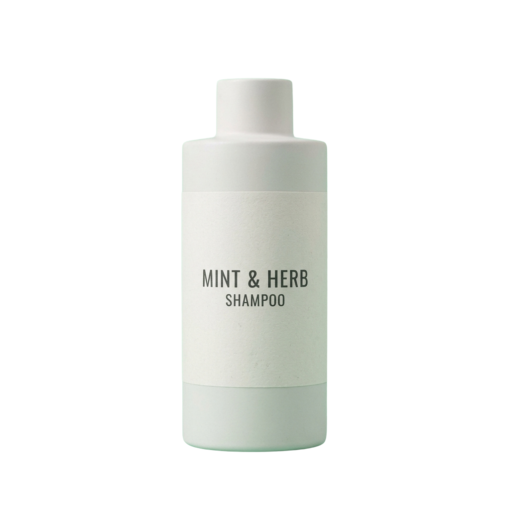 White bottle of mint and herb shampoo with pump dispenser against black background