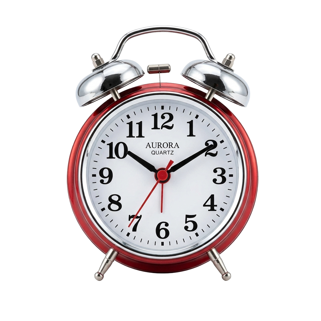 Red alarm clock with silver bells and a white face showing the time 7:07