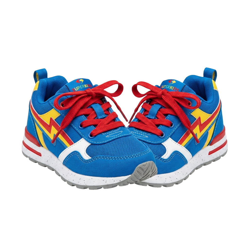Pair of blue children's running shoes with red laces and yellow lightning stripe accents