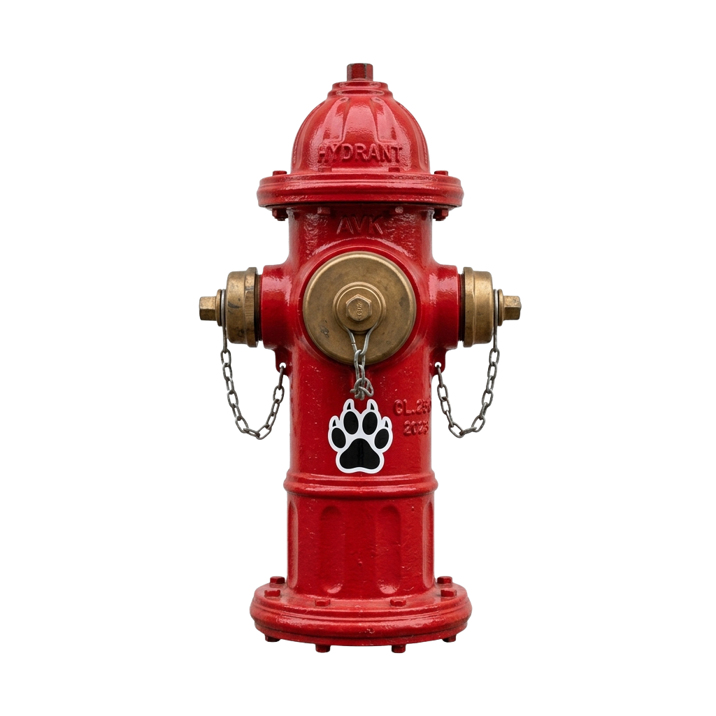 Red fire hydrant featuring a white paw print decal on the side and two chains attached to its outlets