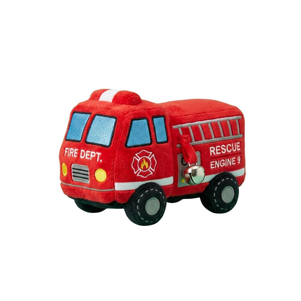 A red fire truck plush toy labeled Fire Dept and Rescue Engine 9 with a fire department emblem and yellow lights