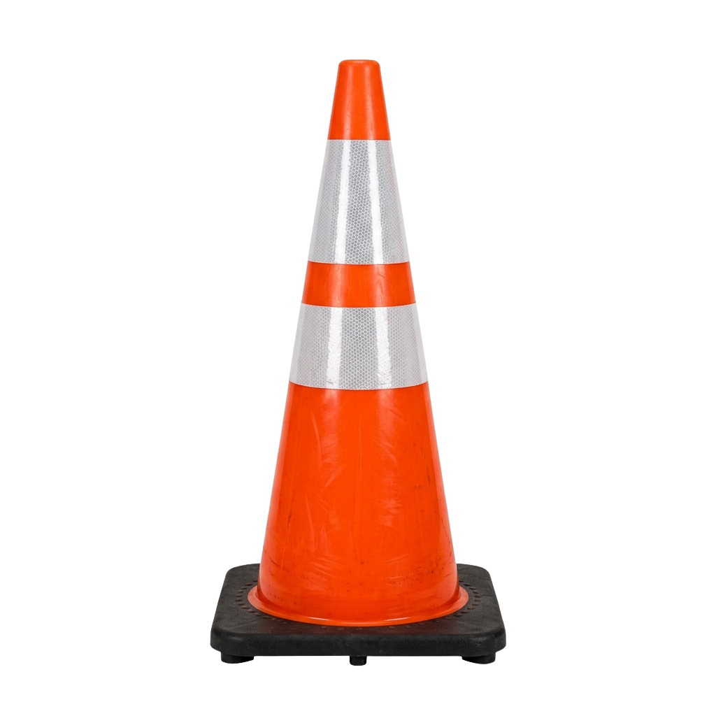 Orange traffic cone with reflective white stripes and black base on a black background