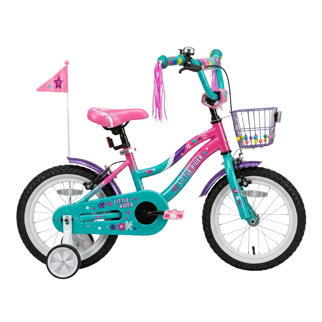 A colorful kids balance bike in pink and teal with a basket and training wheels