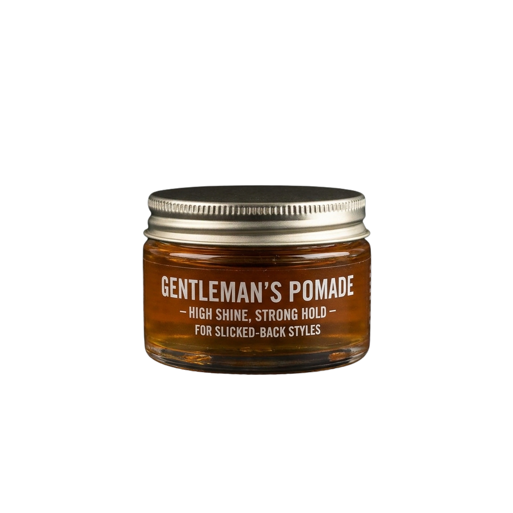 Small glass jar of amber-colored pomade with a silver lid on a dark background