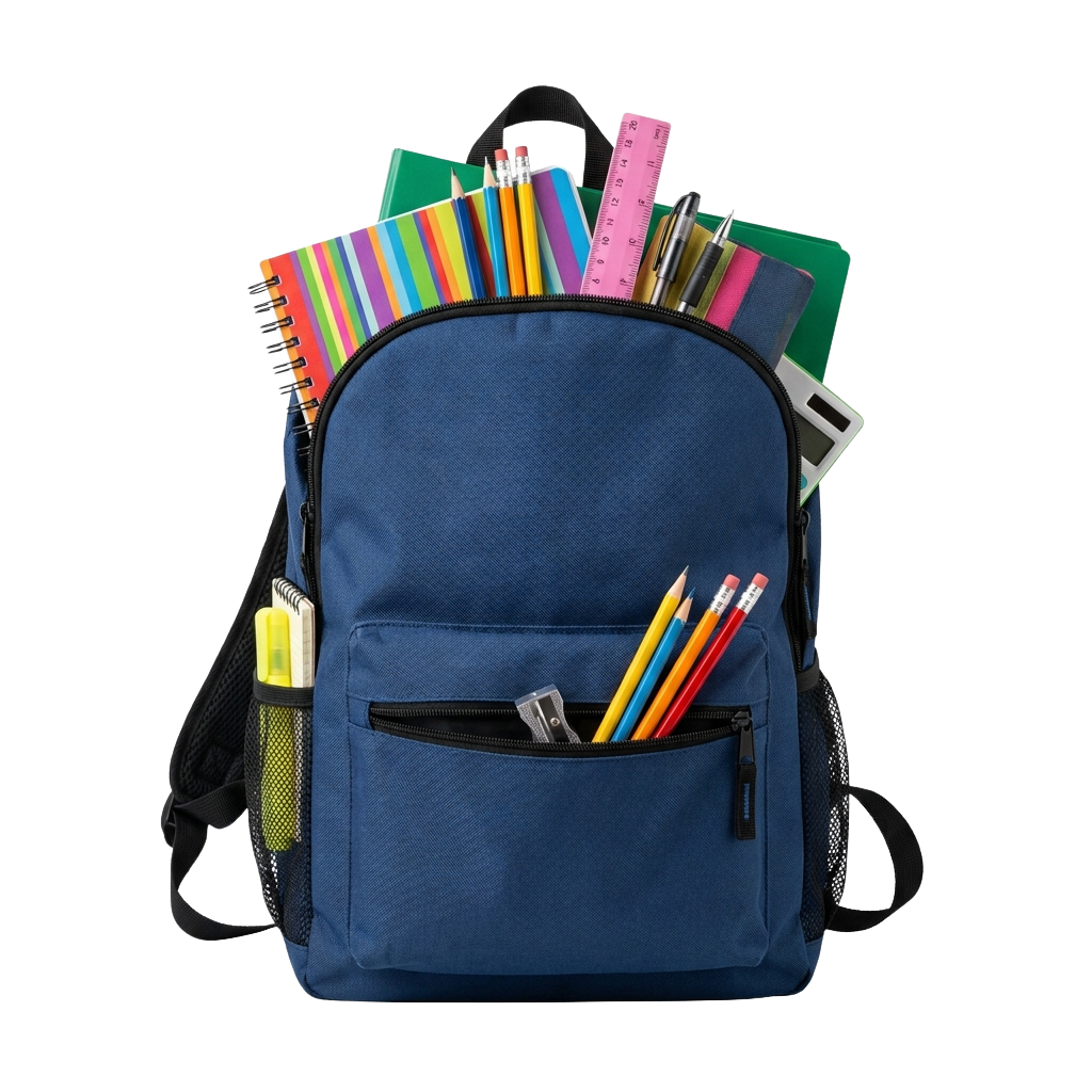 Blue backpack with school supplies including pencils, notebooks, and a ruler.