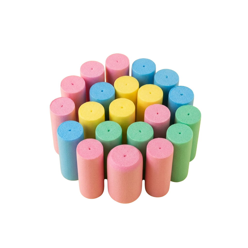 A circular arrangement of colorful foam pool noodles in pink, blue, green, yellow, and peach