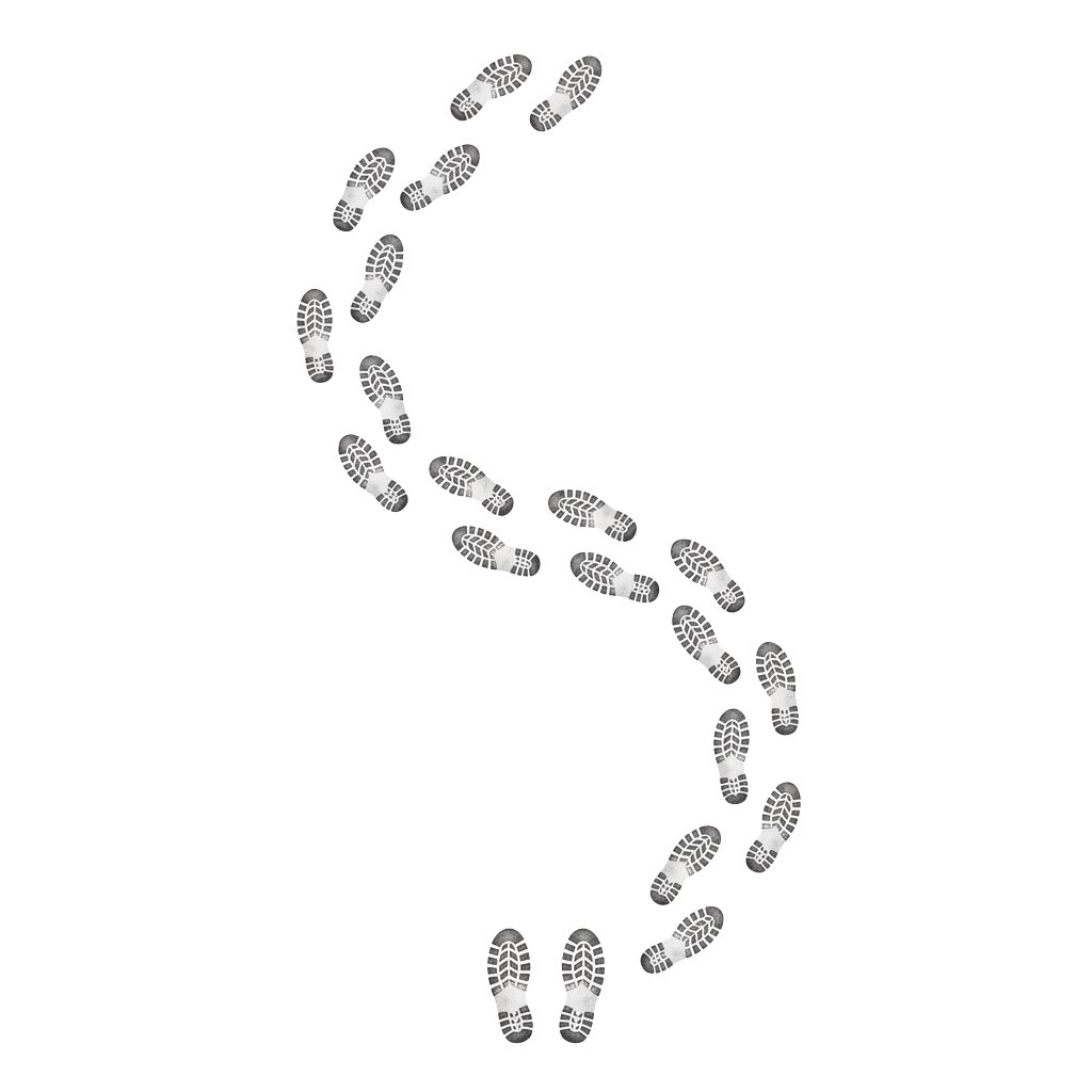 A sequence of footprints arranged in a curved pattern on a black background