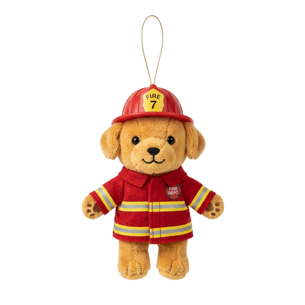 A plush toy dog dressed in a firefighter uniform and helmet with the number 7, hanging as a keychain.