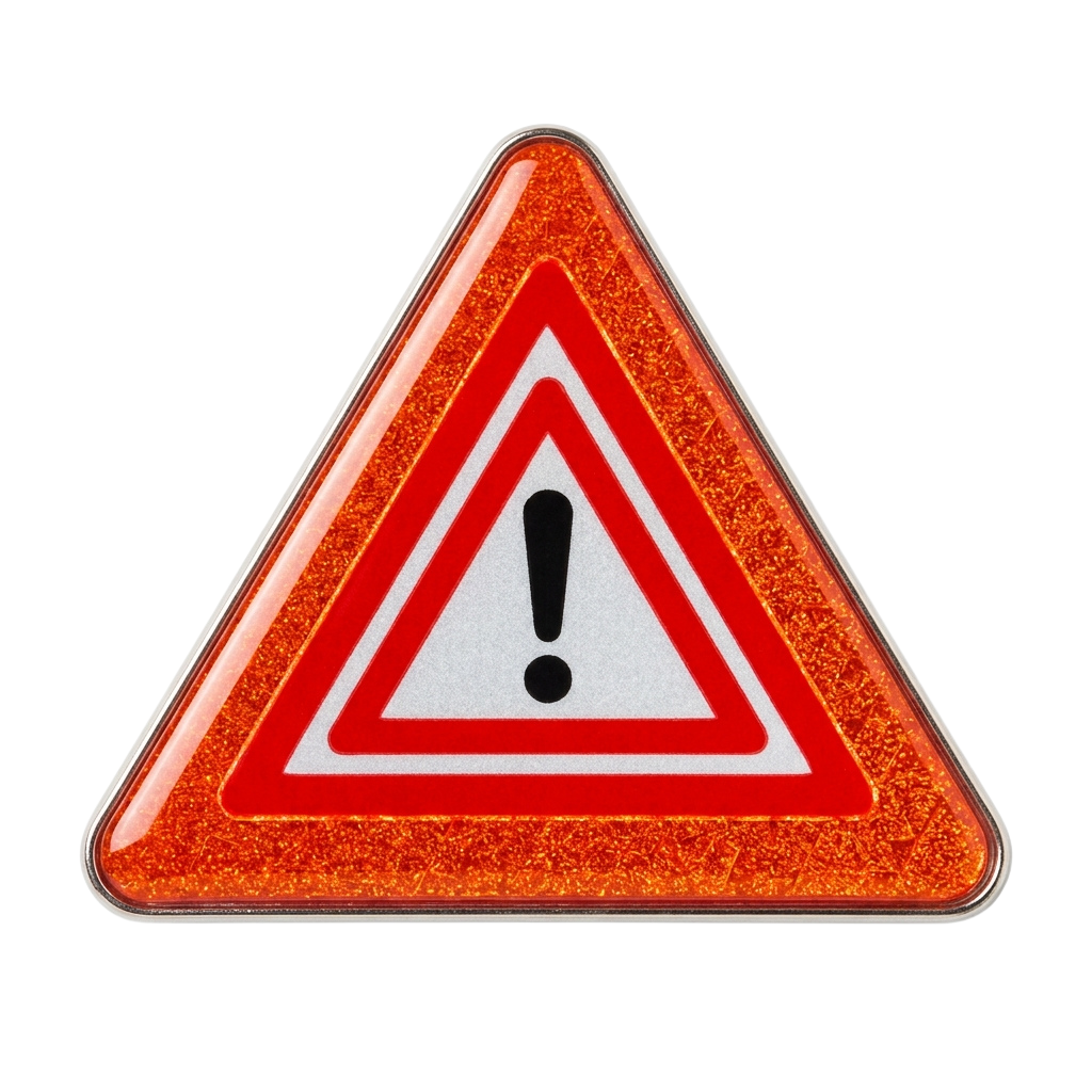 Triangular warning sign with an exclamation mark inside, reflective orange and red borders