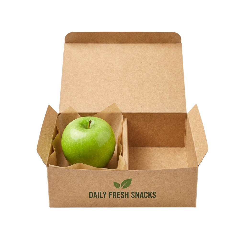 A green apple placed inside a brown cardboard snack box labeled Daily Fresh Snacks