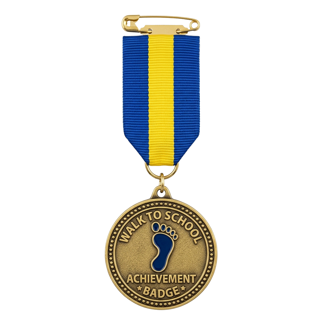 Golden achievement badge with blue footprint and ribbon featuring blue and yellow stripes