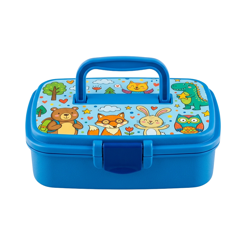 Bright blue toolbox featuring cartoon animals like a bear, fox, rabbit, owl, cat, and dinosaur on a whimsical background