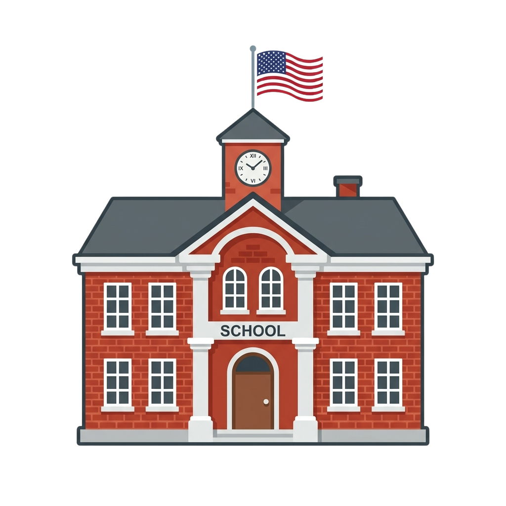 Illustration of a red brick school building with a clock tower and American flag waving atop