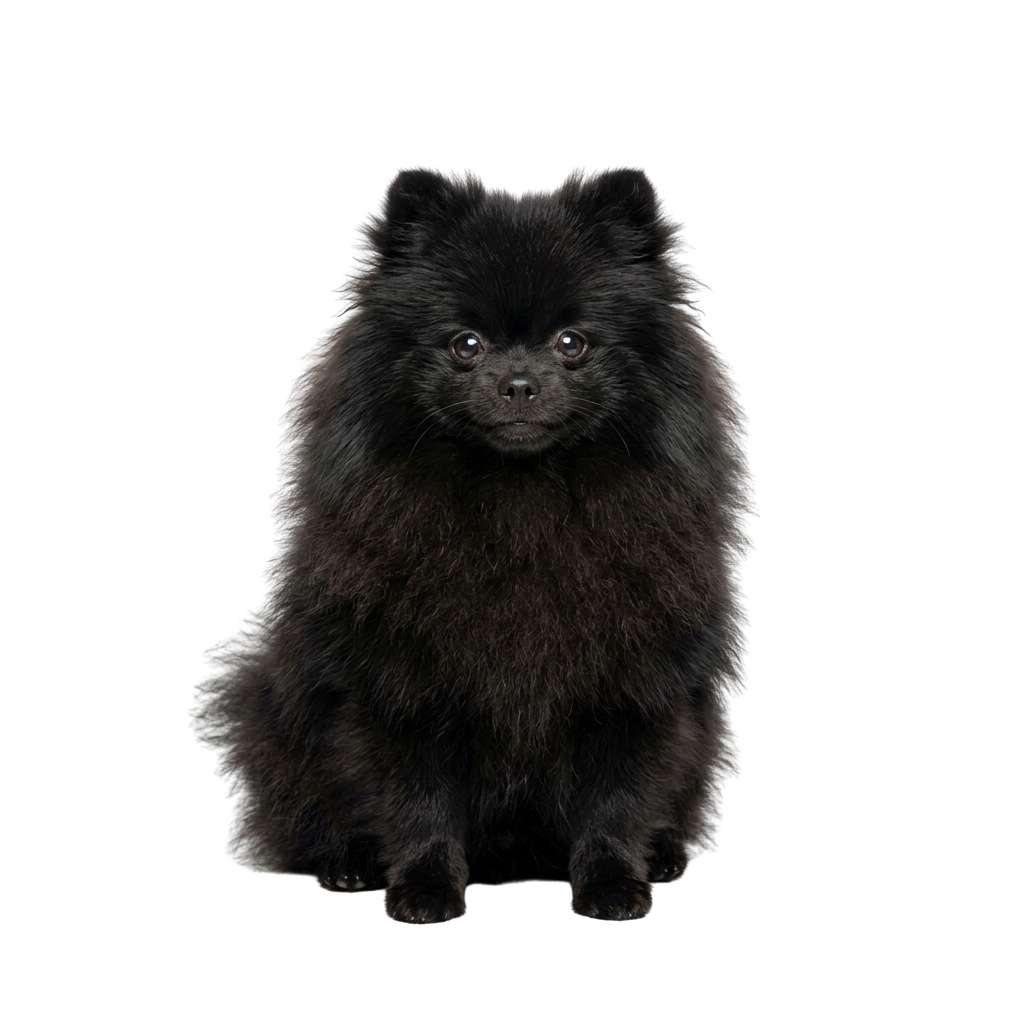 A black Pomeranian puppy sitting upright with fluffy fur and bright eyes