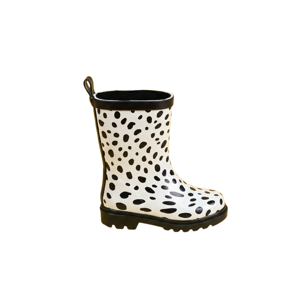 A tall, waterproof rain boot with a leopard print pattern and black rubber sole.