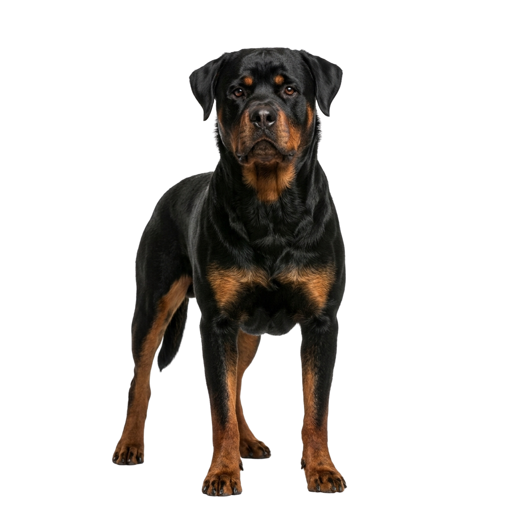 A black and tan Rottweiler dog standing upright with a neutral expression against a black background
