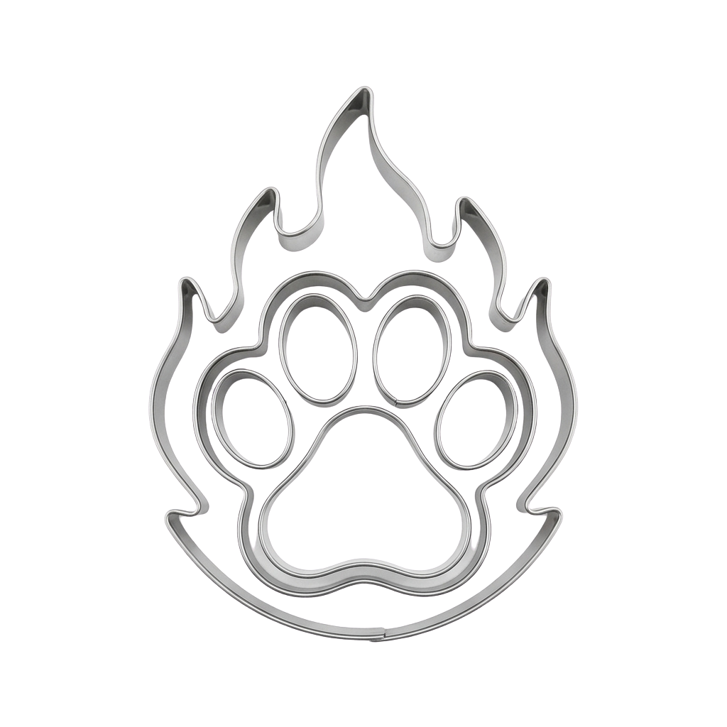Metal cookie cutter shaped like a paw with flames on top