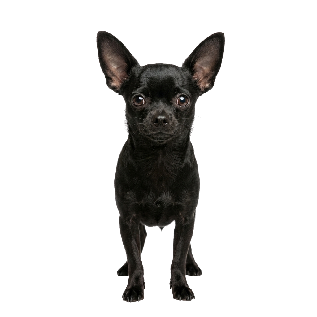 Black Chihuahua dog standing upright against a black background