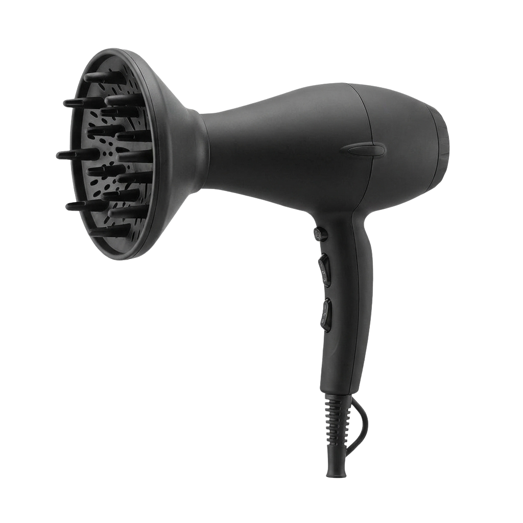 Black hair dryer with a diffuser attachment for volumizing hair.