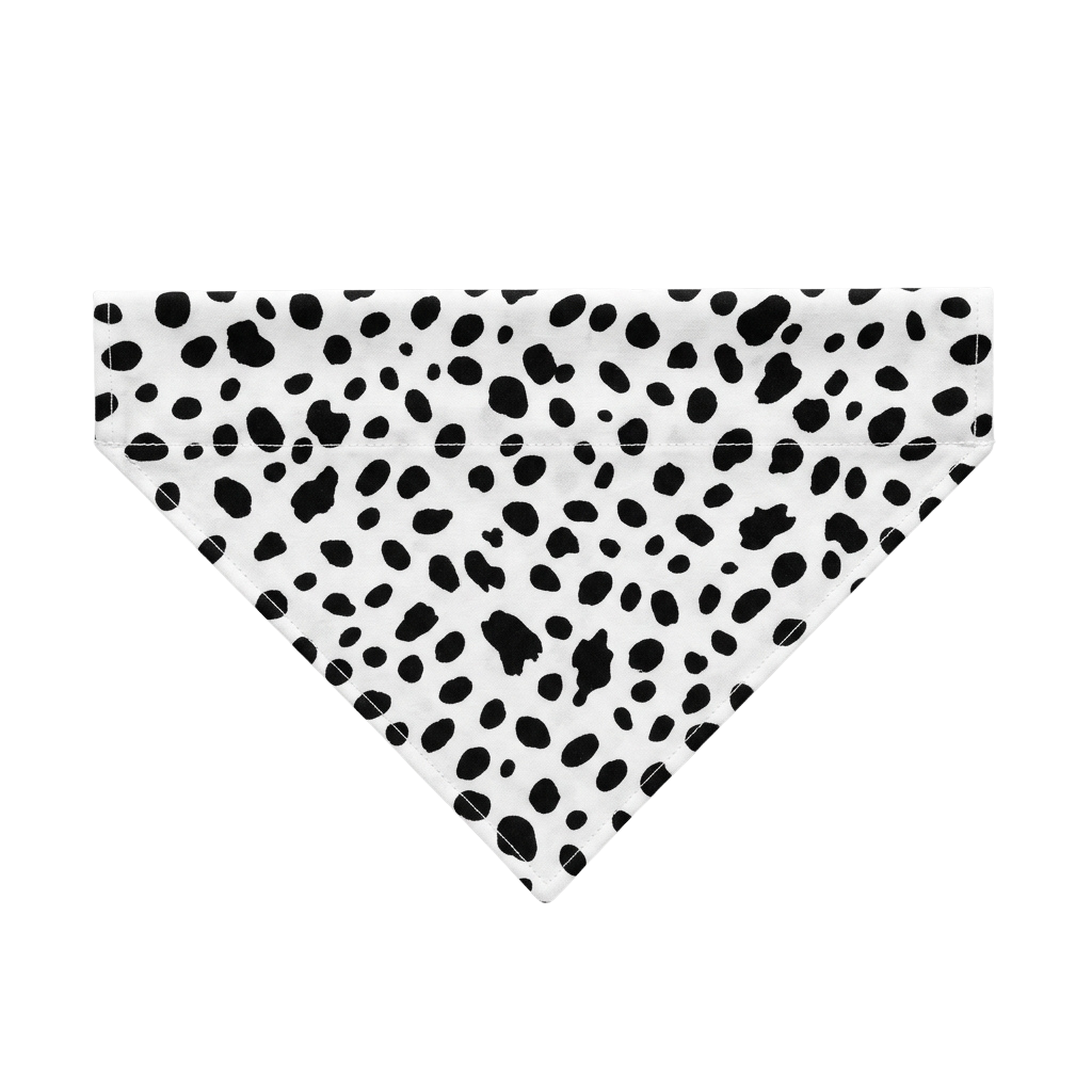 A triangular bandana with black and white polka dot pattern