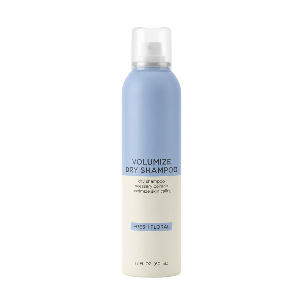 A bottle of dry shampoo labeled volumize and fresh floral scent, 1.3 FL OZ (60 mL).