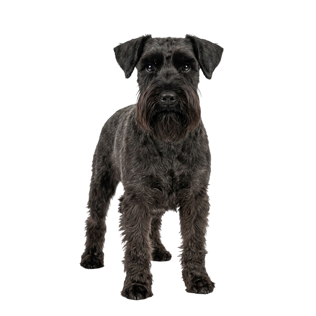A black wire-haired terrier standing upright against a black background