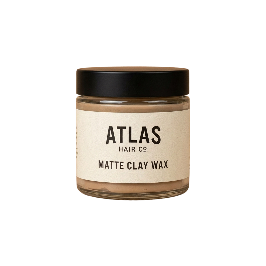 A jar of matte clay wax with a black lid and a white label reading Atlas Hair Co and Matte Clay Wax
