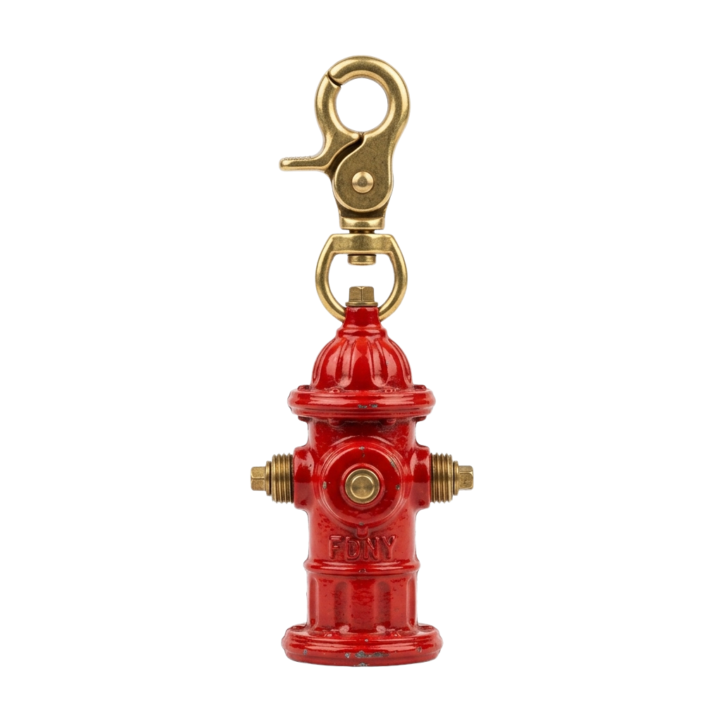 A small red fire hydrant keychain with a brass-colored metal hook loop at the top