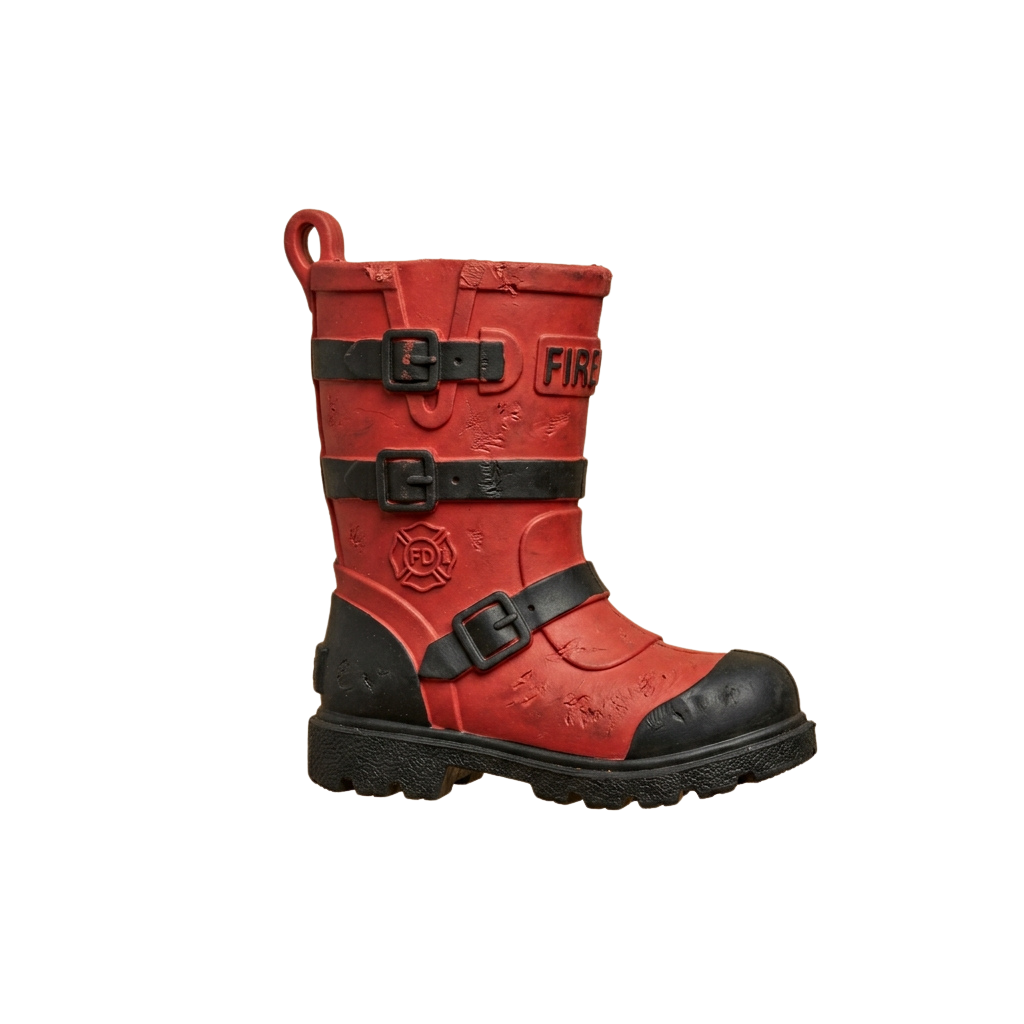Red firefighter boot featuring black straps, buckles, and a fire department logo on the side