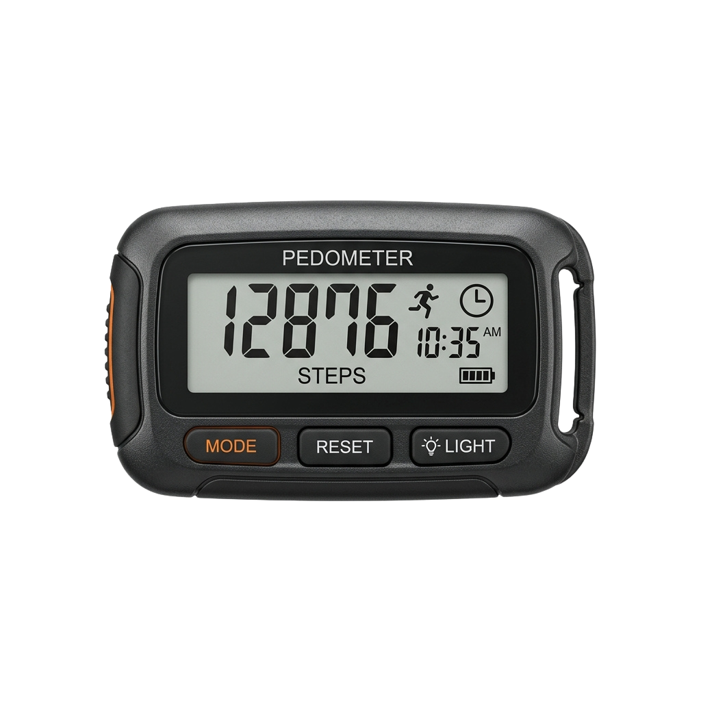 Black pedometer showing 12876 steps, current time 10:35 AM, and battery level with mode, reset, and light buttons