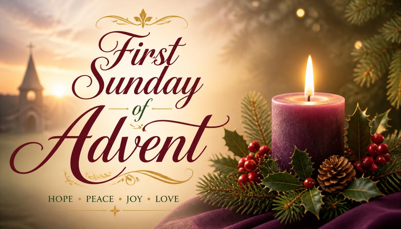 A lit candle surrounded by greenery and pinecones with text reading First Sunday of Advent and the words Hope Peace Joy Love