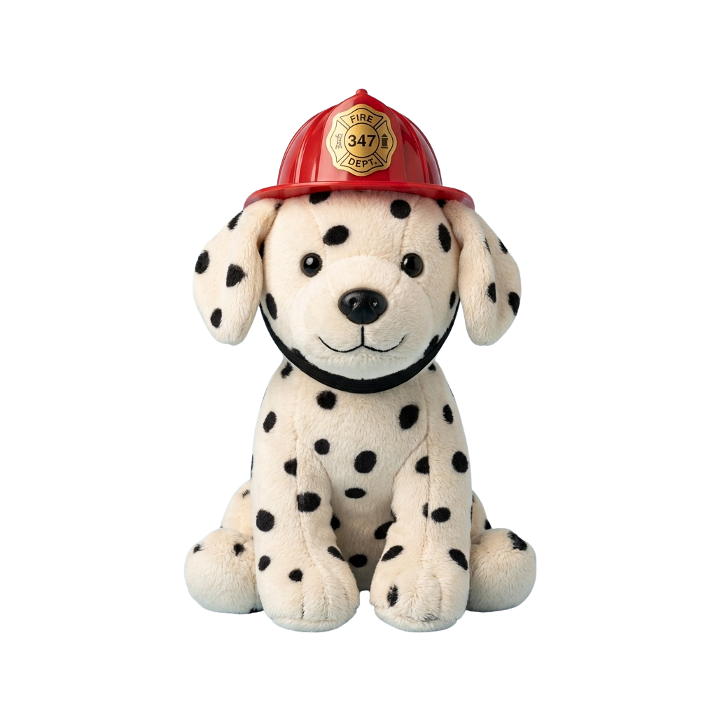 A plush Dalmatian puppy wearing a red firefighter helmet with black spots on its white fur