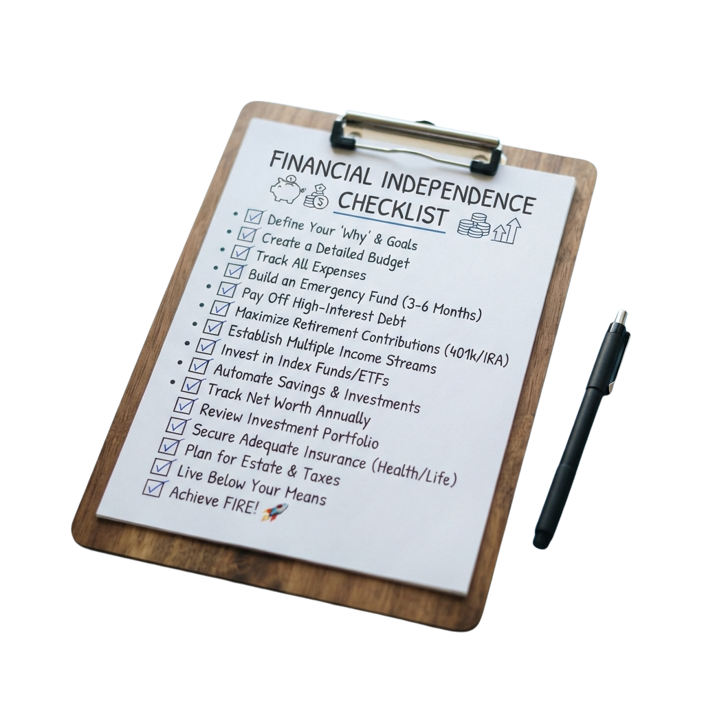 Clipboard showing a financial independence checklist with icons and a pen on the side
