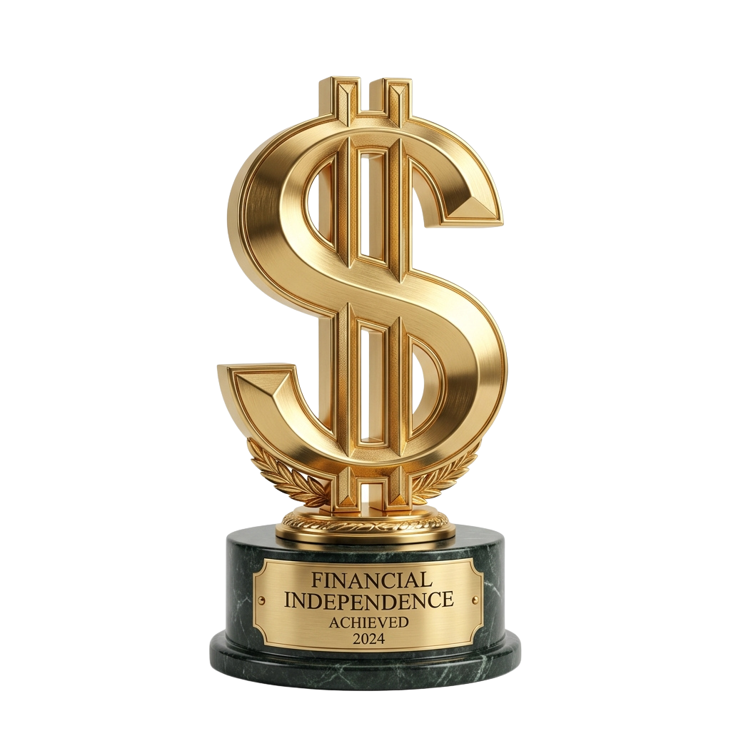 Golden dollar sign trophy with laurel base and plaque reading Financial Independence Achieved 2024