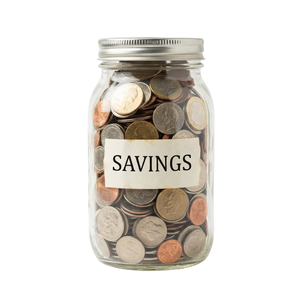 A glass jar labeled Savings filled with various coins.