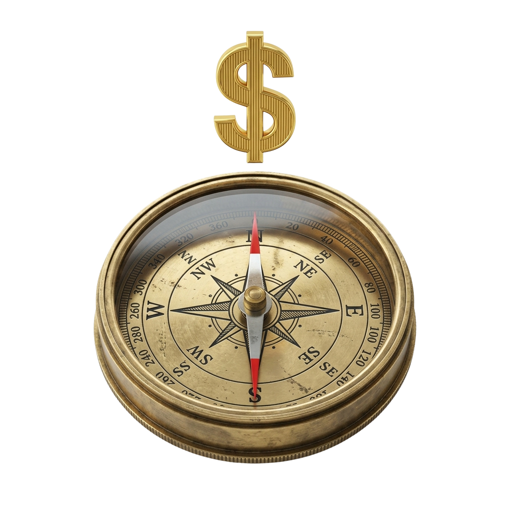 A compass with its needle pointing north and a golden dollar sign balanced on top