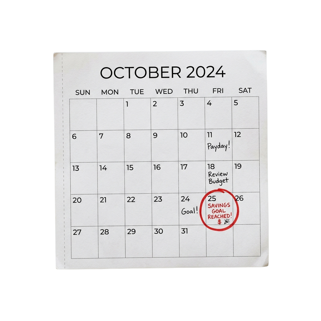 October 2024 calendar showing payday on the 11th, budget review on the 18th, savings goal on the 24th, and goal reached on the 25th