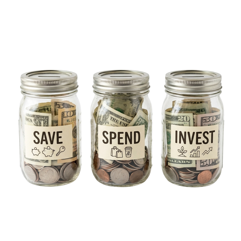 Three jars labeled Save, Spend, and Invest filled with coins and bills representing financial management