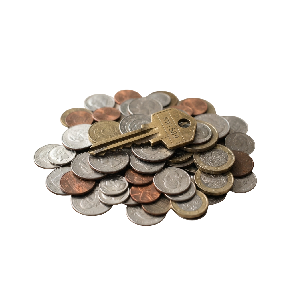 A brass key resting on top of a pile of various coins against a black background